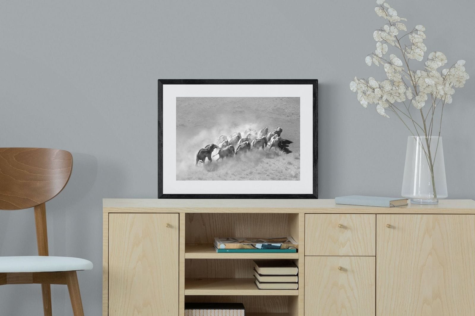 Elephant Convoy (black & white)-Wall_Art-60 x 45cm-Framed Print-Black-Pixalot