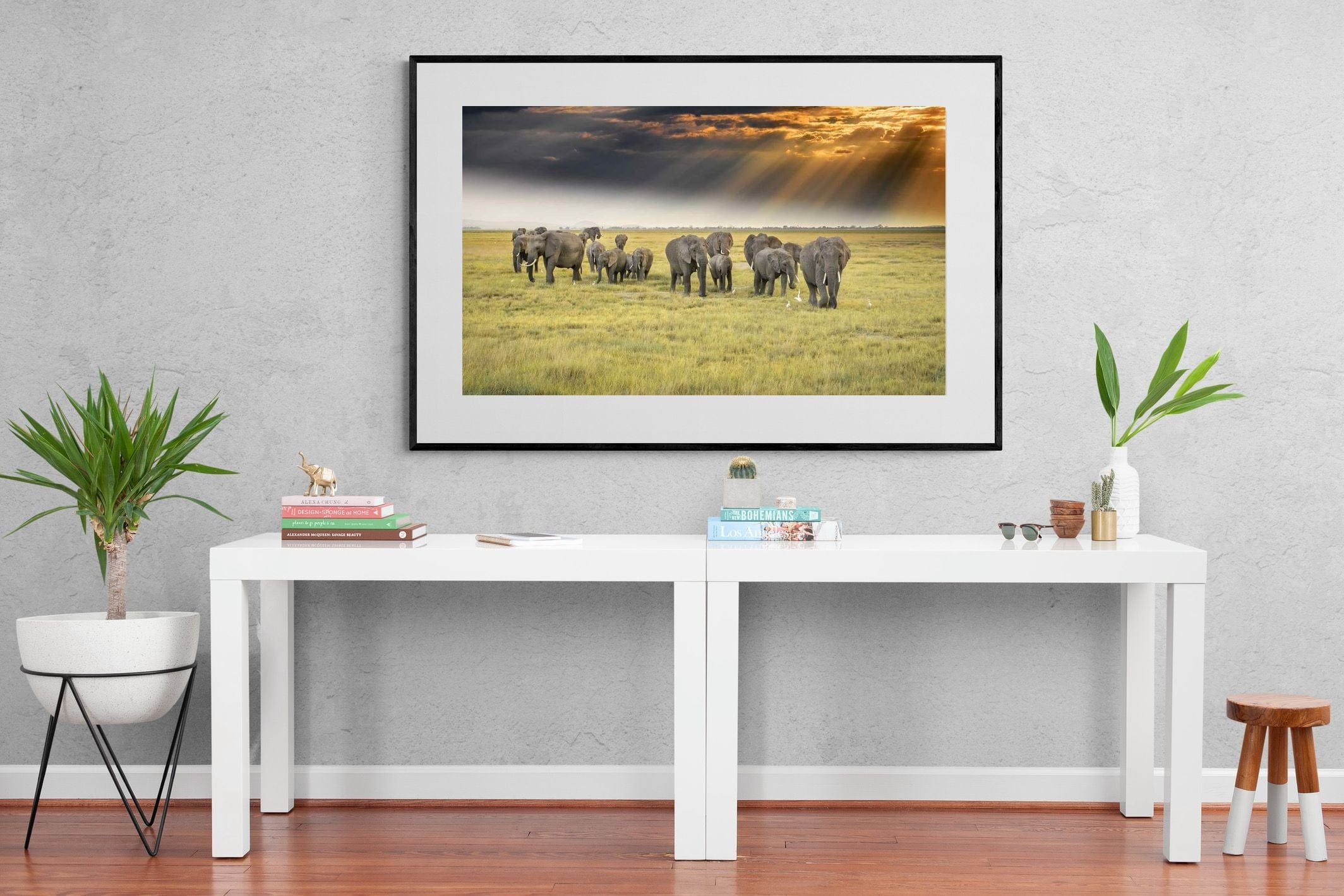 Elephant Convoy (colour)-Wall_Art-150 x 100cm-Framed Print-Black-Pixalot