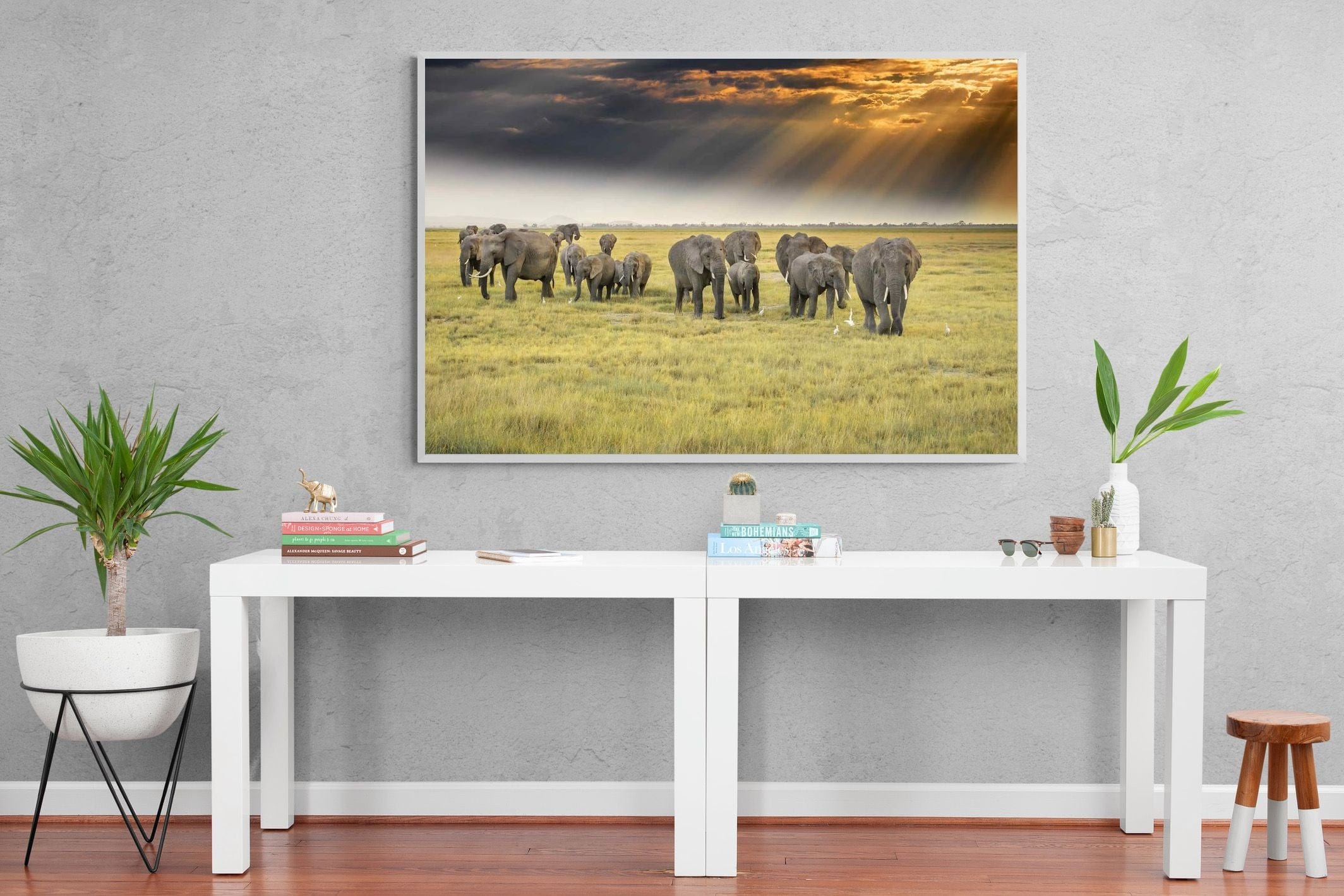 Elephant Convoy (colour)-Wall_Art-150 x 100cm-Mounted Canvas-White-Pixalot