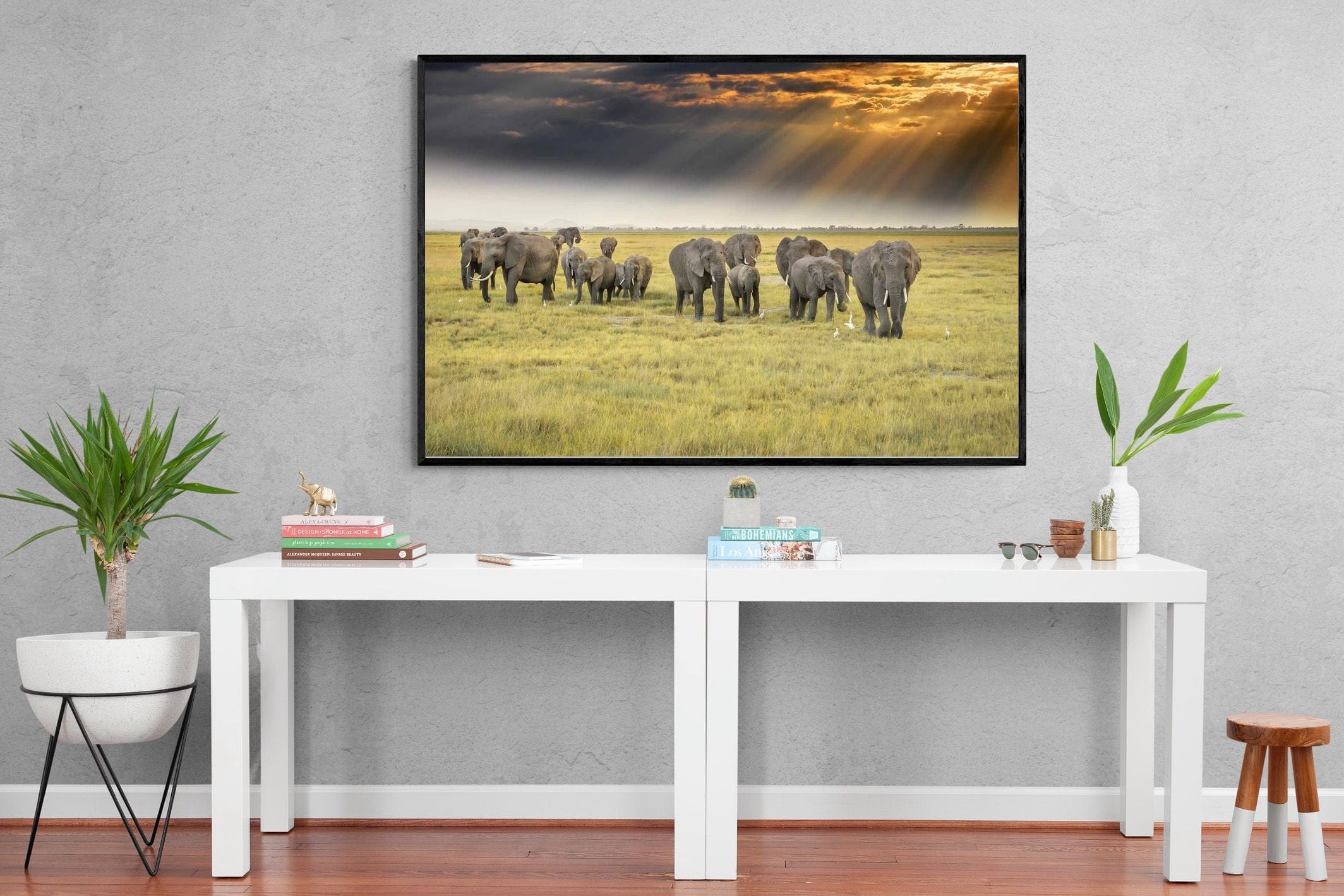 Elephant Convoy (colour)-Wall_Art-150 x 100cm-Mounted Canvas-Black-Pixalot