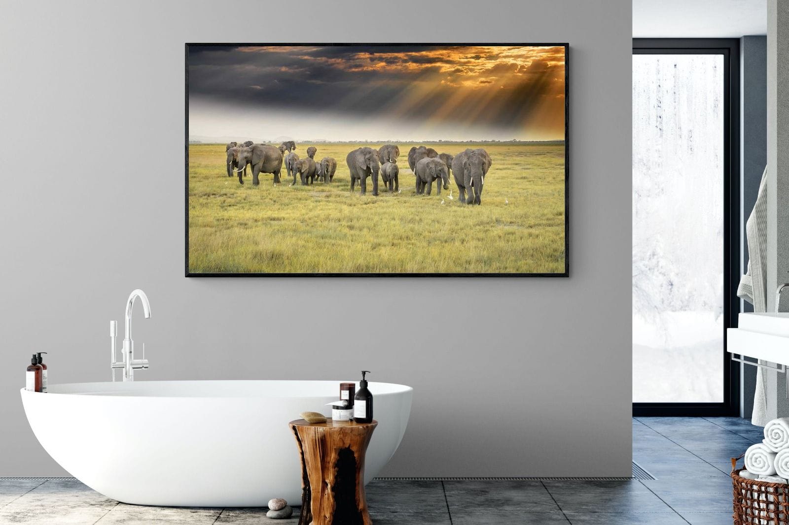 Elephant Convoy (colour)-Wall_Art-180 x 110cm-Mounted Canvas-Black-Pixalot
