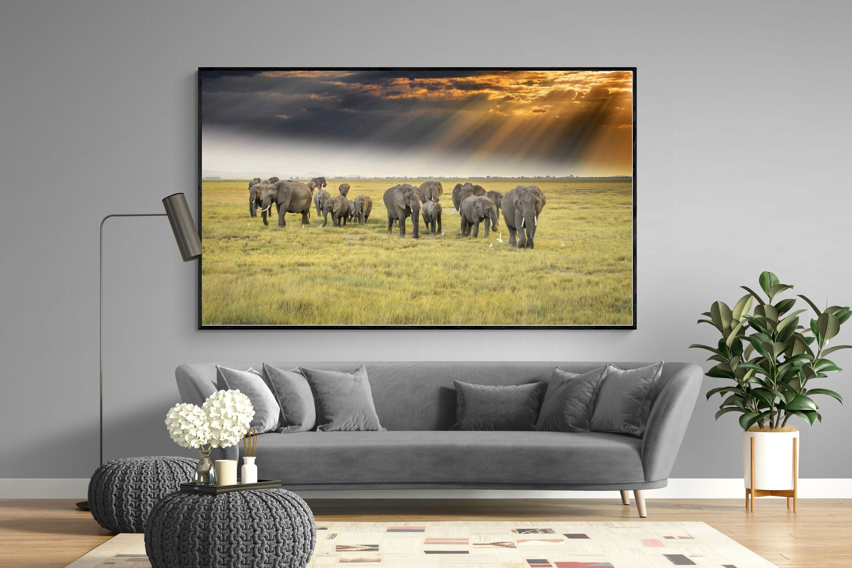 Elephant Convoy (colour)-Wall_Art-220 x 130cm-Mounted Canvas-Black-Pixalot