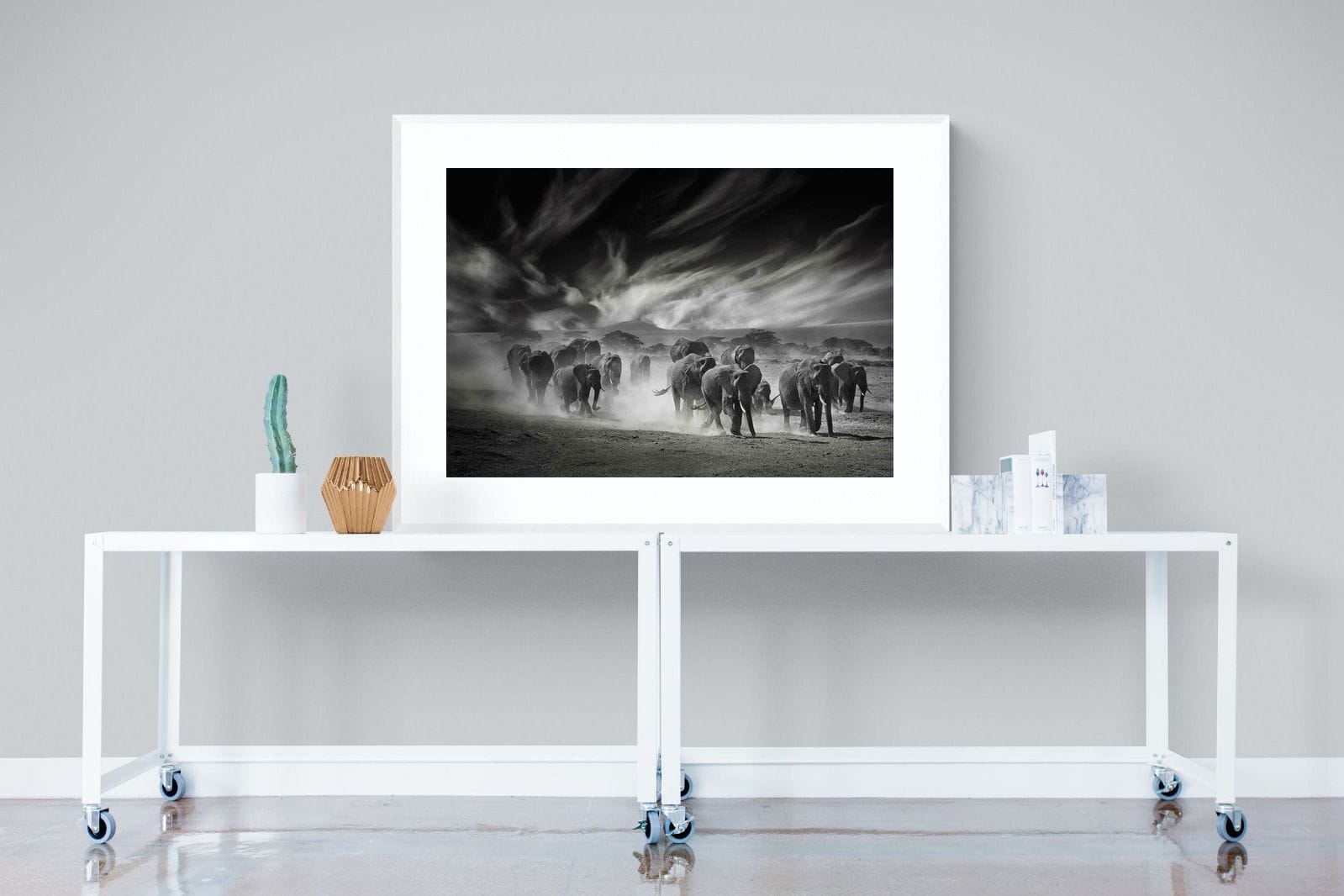 Etosha Elephants-Wall_Art-120 x 90cm-Framed Print-White-Pixalot