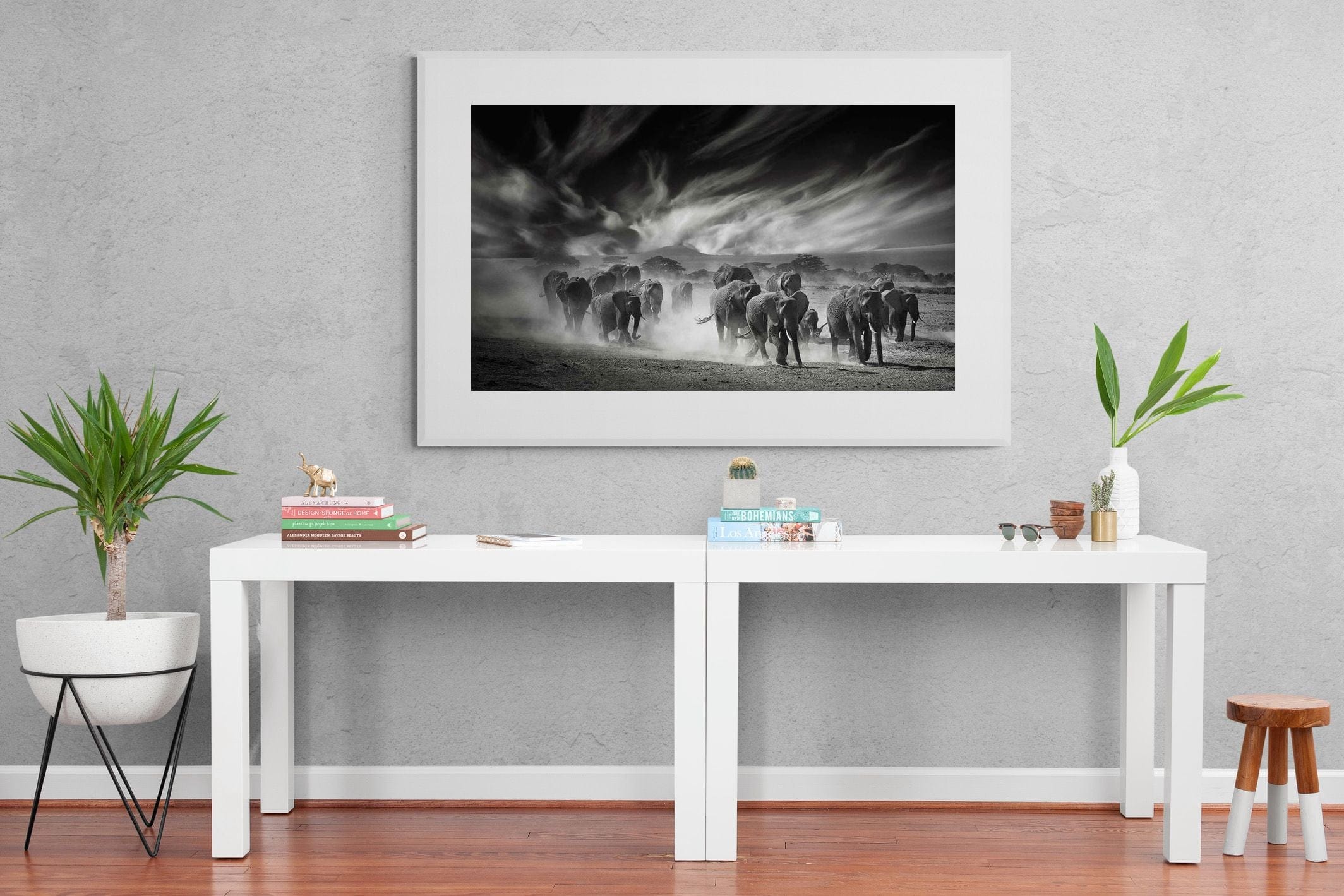 Etosha Elephants-Wall_Art-150 x 100cm-Framed Print-White-Pixalot