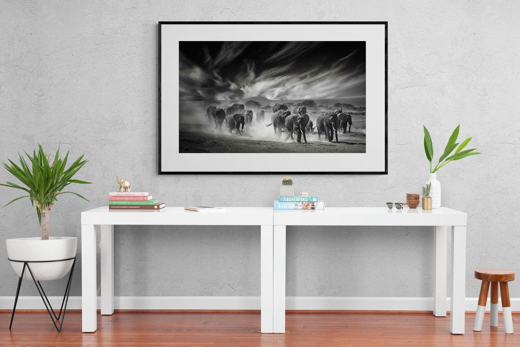 Etosha Elephants-Wall_Art-150 x 100cm-Framed Print-Black-Pixalot