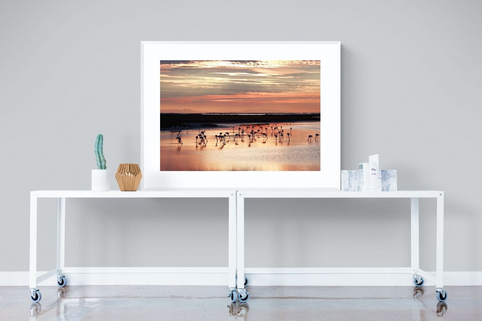 Flamingo Sunset-Wall_Art-120 x 90cm-Framed Print-White-Pixalot