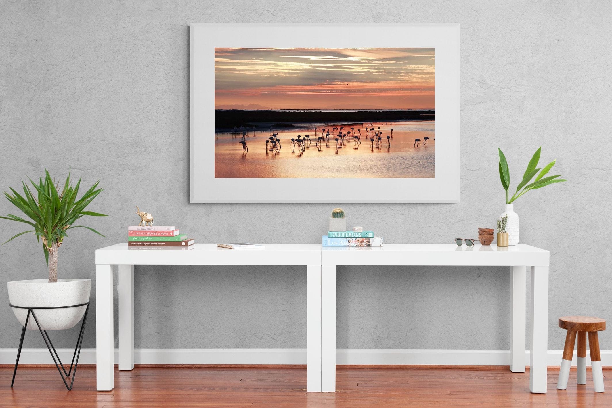 Flamingo Sunset-Wall_Art-150 x 100cm-Framed Print-White-Pixalot