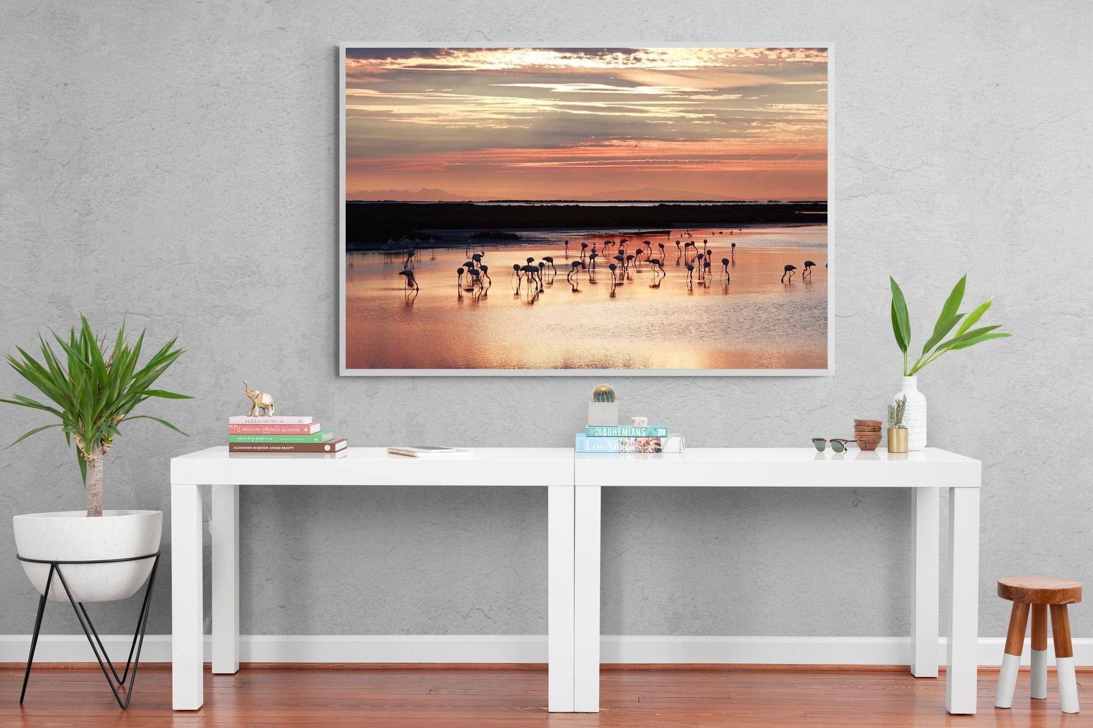 Flamingo Sunset-Wall_Art-150 x 100cm-Mounted Canvas-White-Pixalot