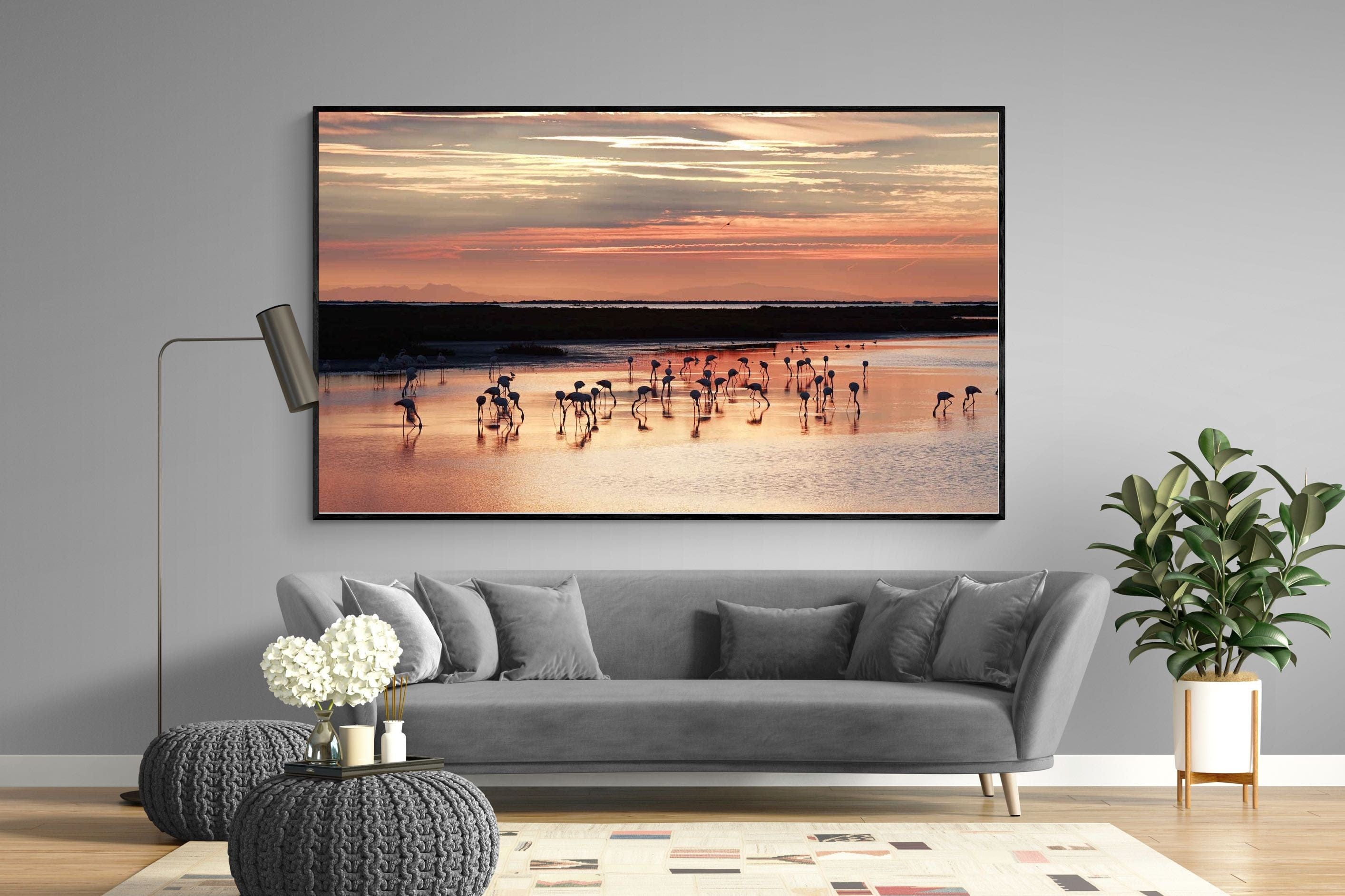Flamingo Sunset-Wall_Art-220 x 130cm-Mounted Canvas-Black-Pixalot