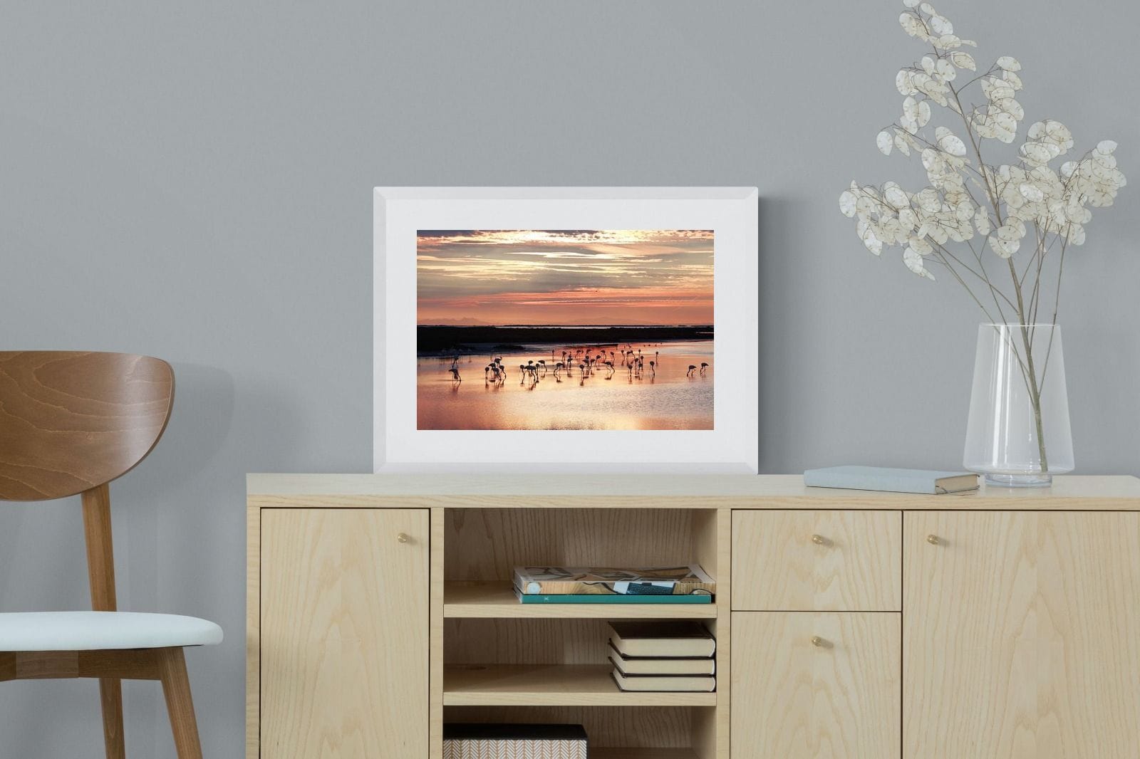 Flamingo Sunset-Wall_Art-60 x 45cm-Framed Print-White-Pixalot