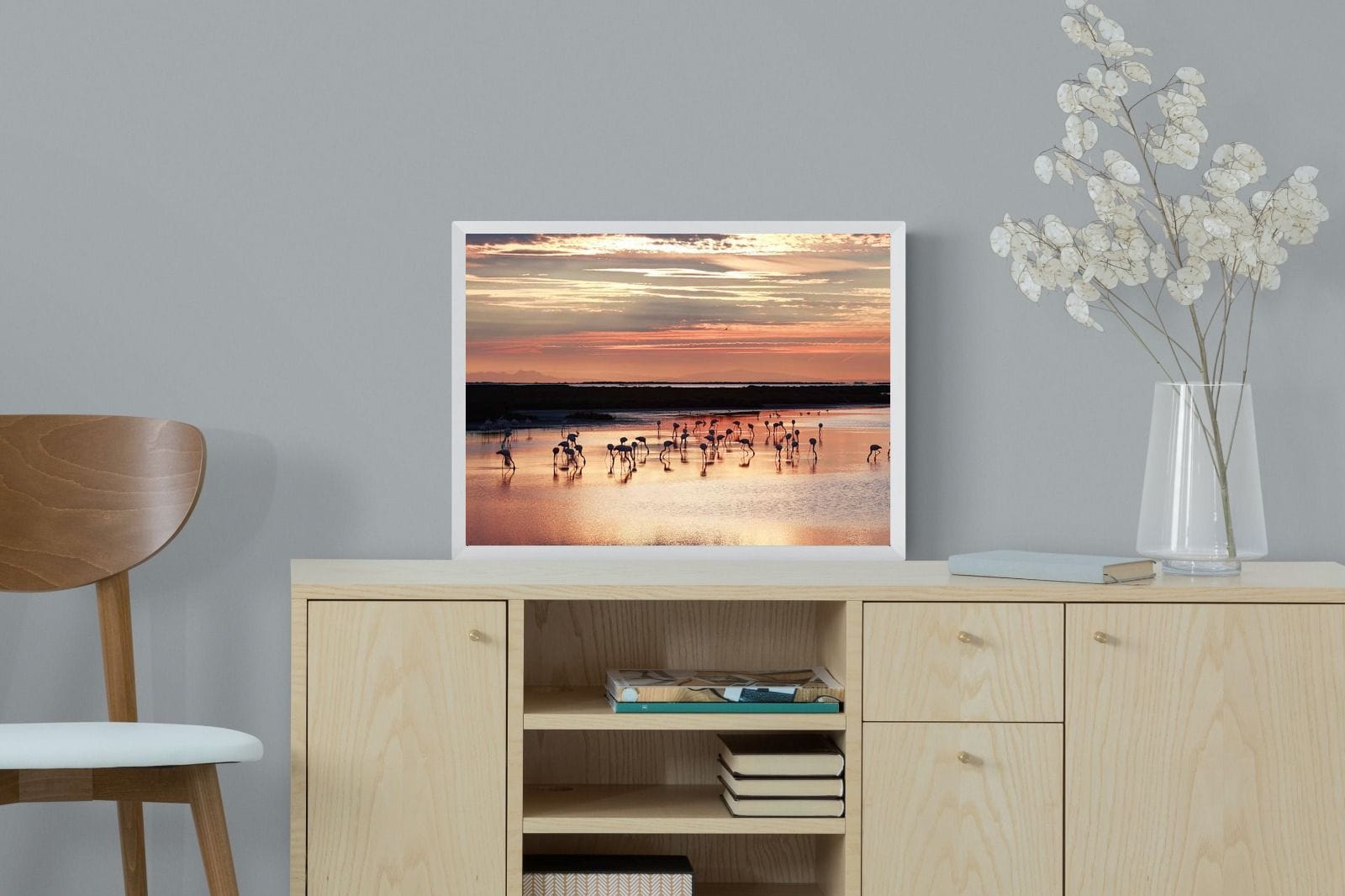 Flamingo Sunset-Wall_Art-60 x 45cm-Mounted Canvas-White-Pixalot