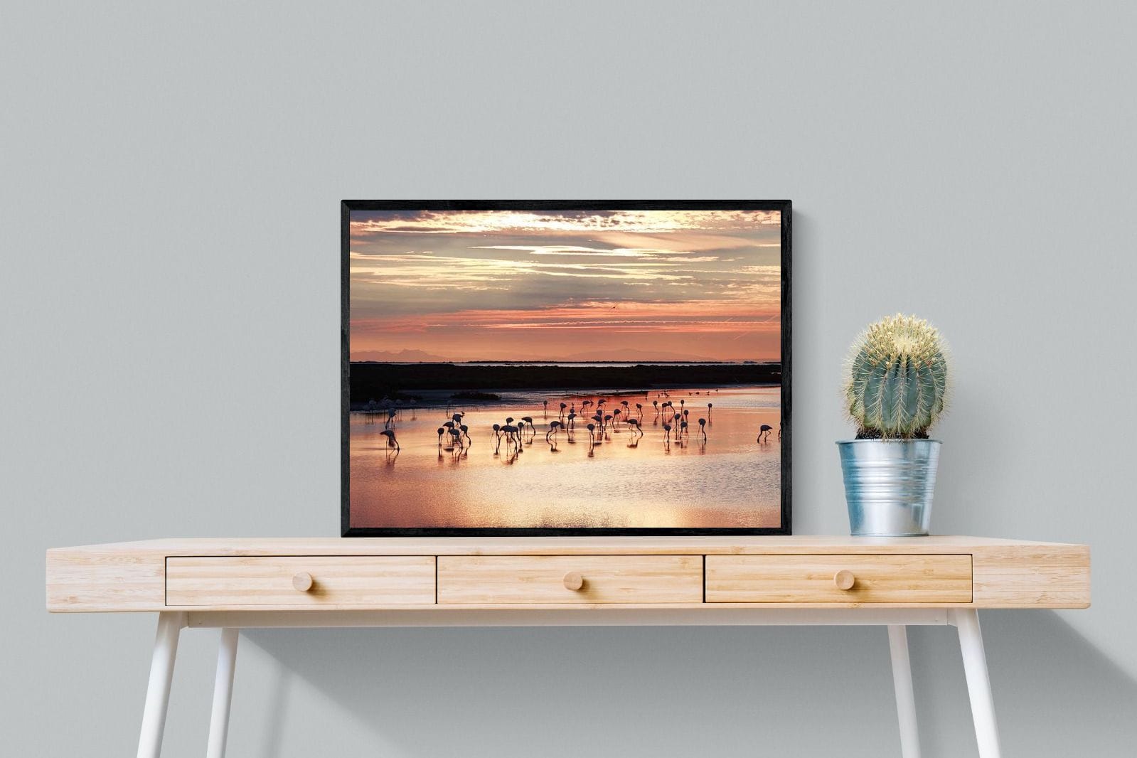 Flamingo Sunset-Wall_Art-80 x 60cm-Mounted Canvas-Black-Pixalot