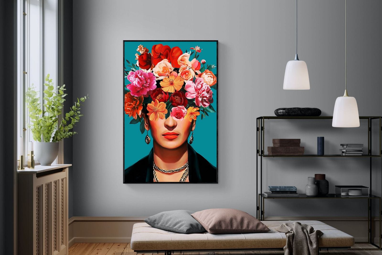 Frida Crimson Floral-Wall_Art-120 x 180cm-Mounted Canvas-Black-Pixalot