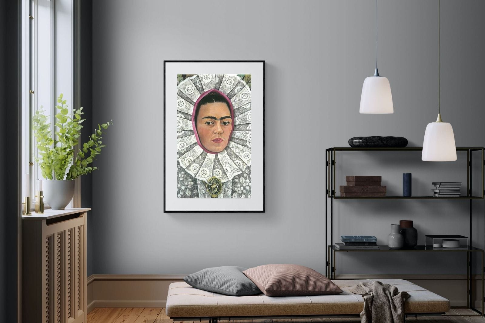 Frida Self-Portrait with Medallion-Wall_Art-100 x 150cm-Framed Print-Black-Pixalot
