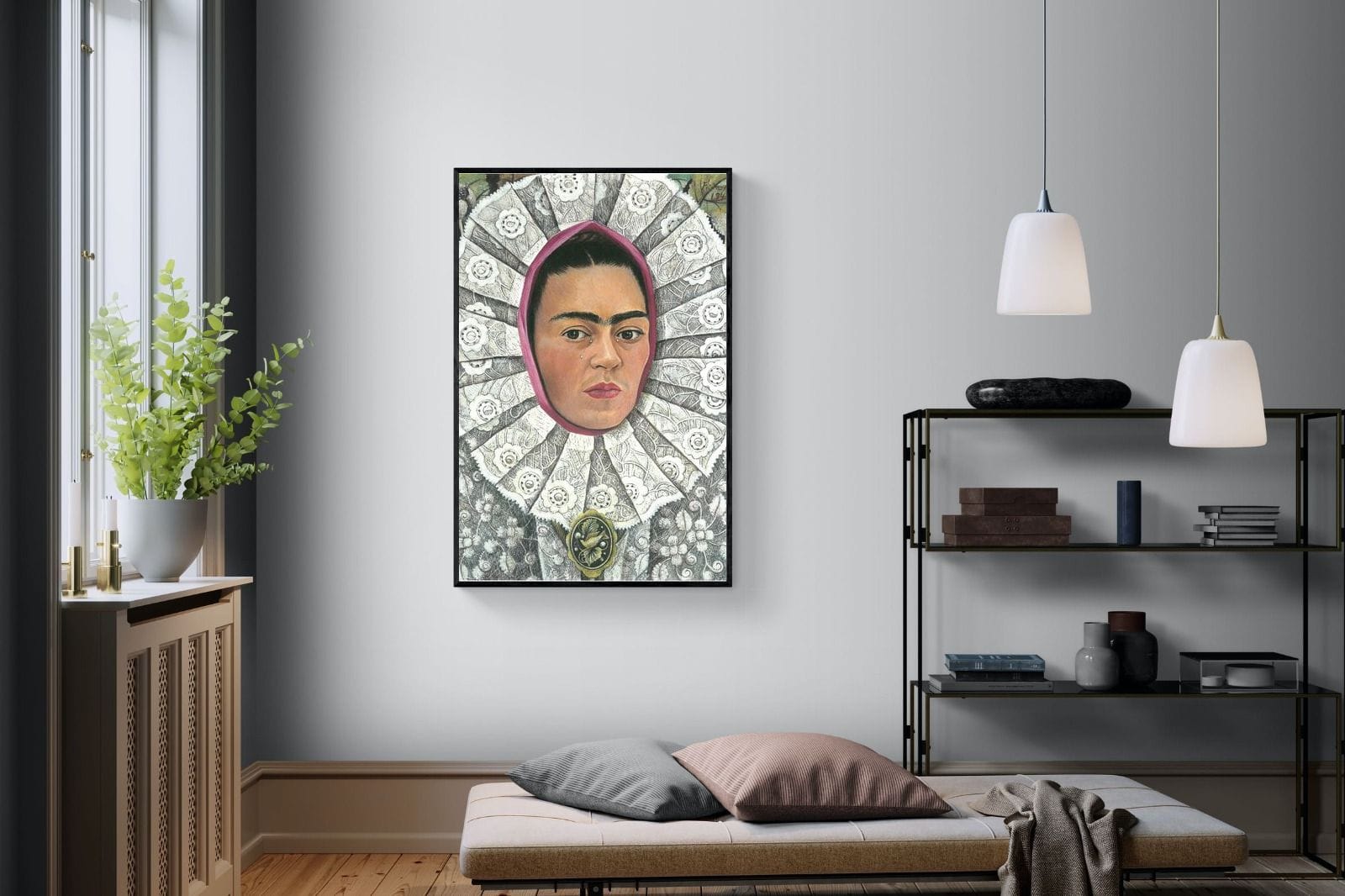 Frida Self-Portrait with Medallion-Wall_Art-100 x 150cm-Mounted Canvas-Black-Pixalot