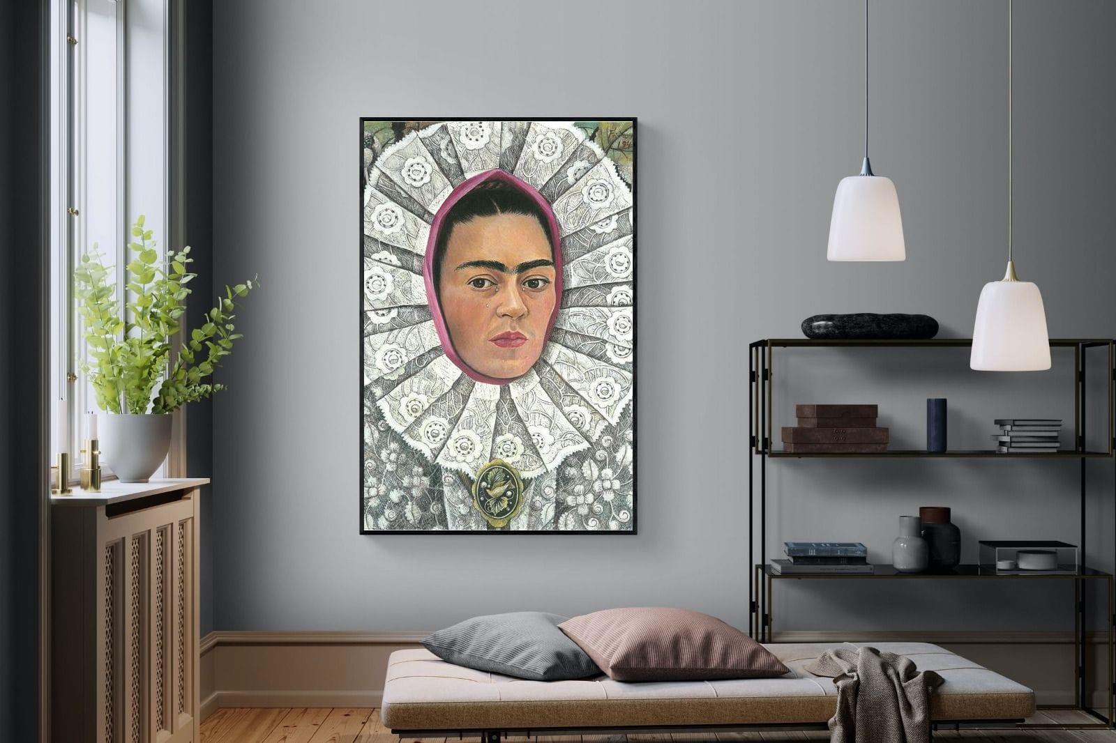 Frida Self-Portrait with Medallion-Wall_Art-120 x 180cm-Mounted Canvas-Black-Pixalot