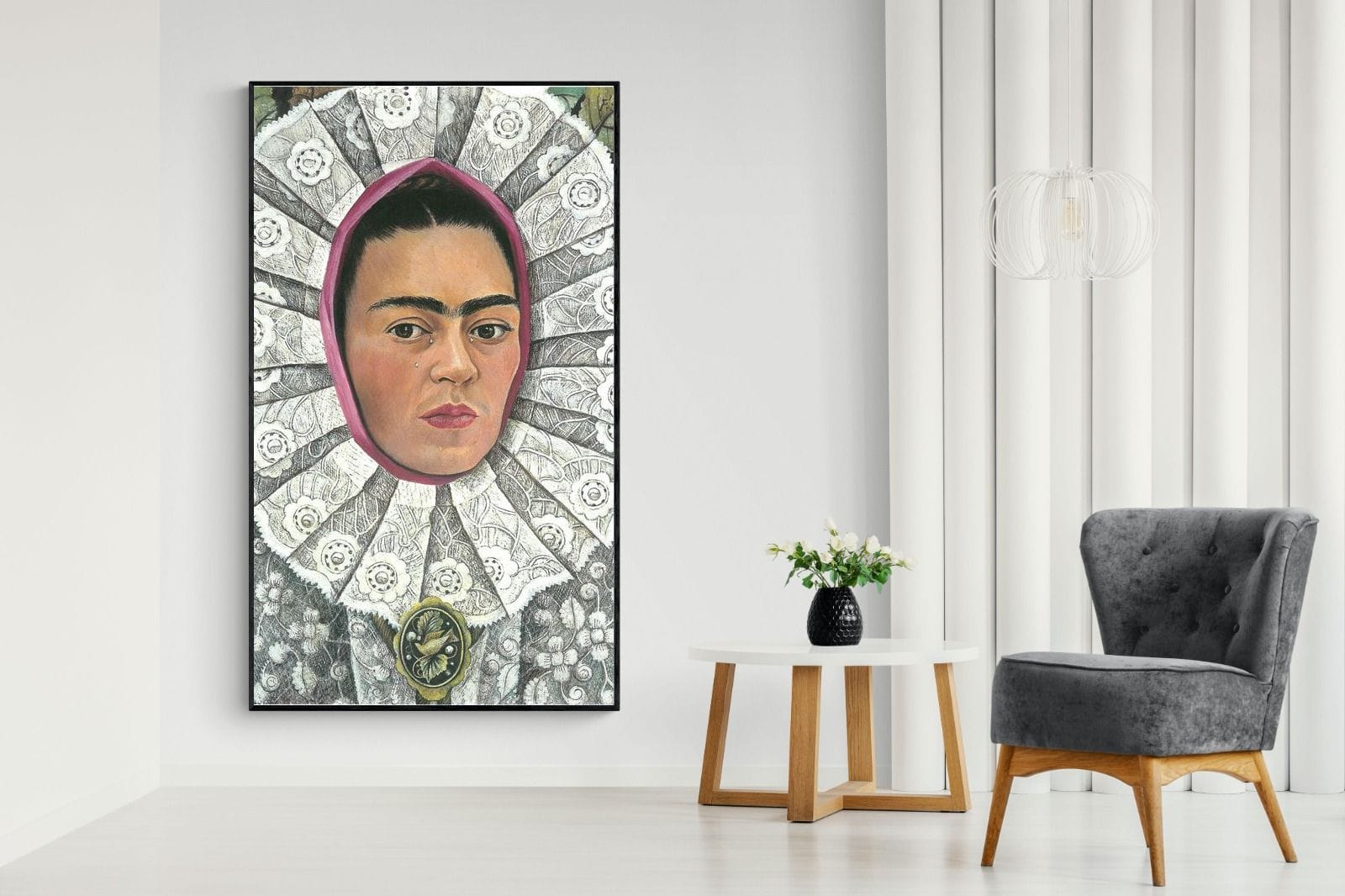 Frida Self-Portrait with Medallion-Wall_Art-130 x 220cm-Mounted Canvas-Black-Pixalot