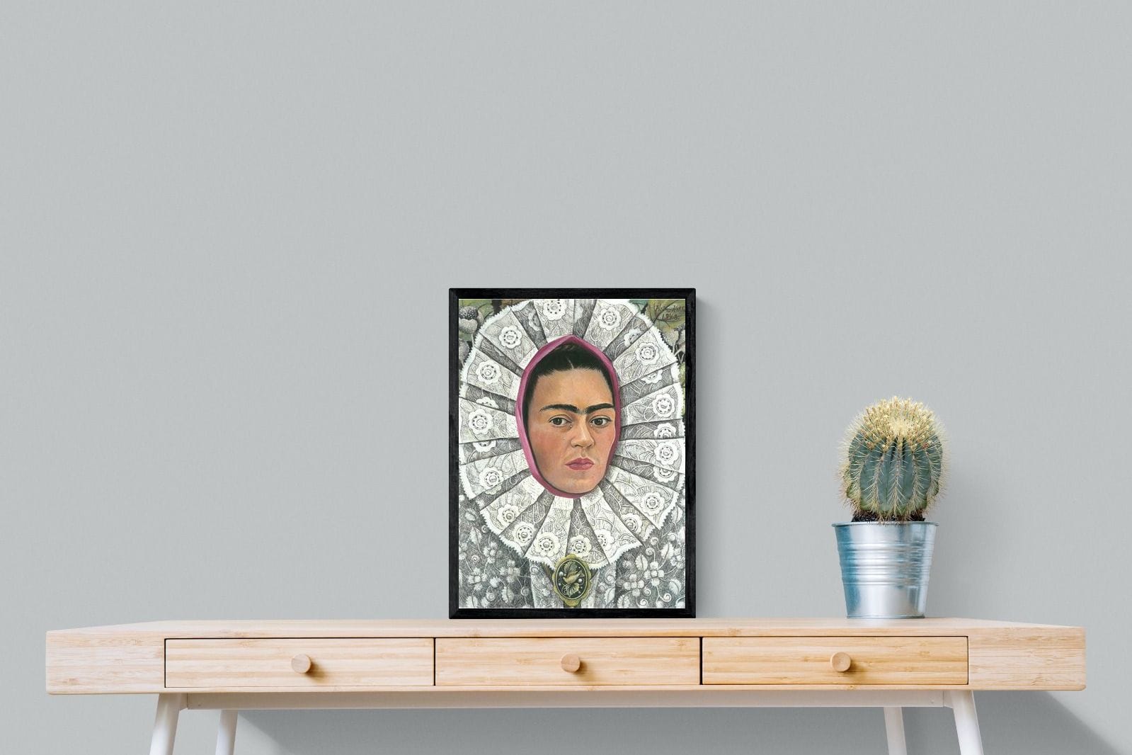 Frida Self-Portrait with Medallion-Wall_Art-45 x 60cm-Mounted Canvas-Black-Pixalot