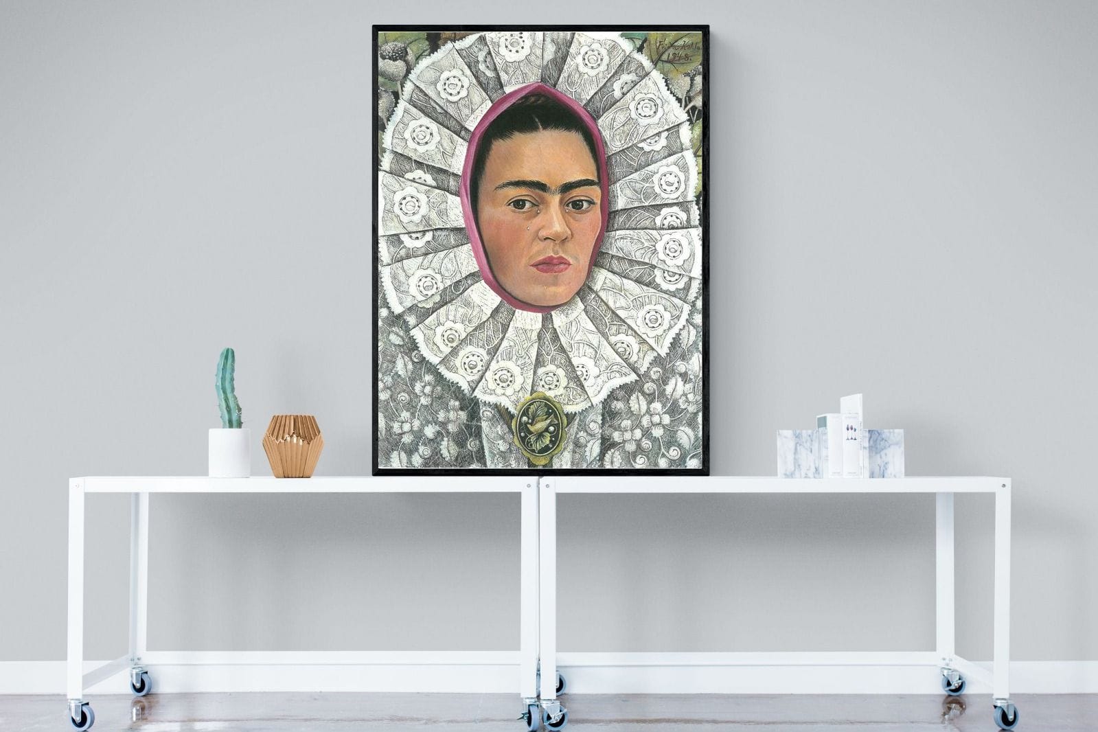 Frida Self-Portrait with Medallion-Wall_Art-90 x 120cm-Mounted Canvas-Black-Pixalot