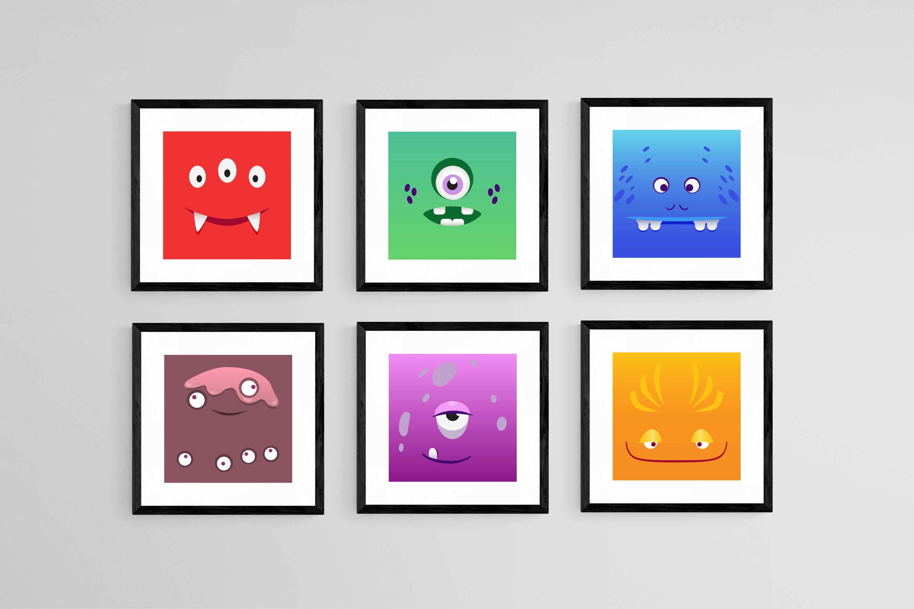 Friendly Monsters Set-Wall_Art-30 x 30cm (x6)-Framed Print-Black-Pixalot