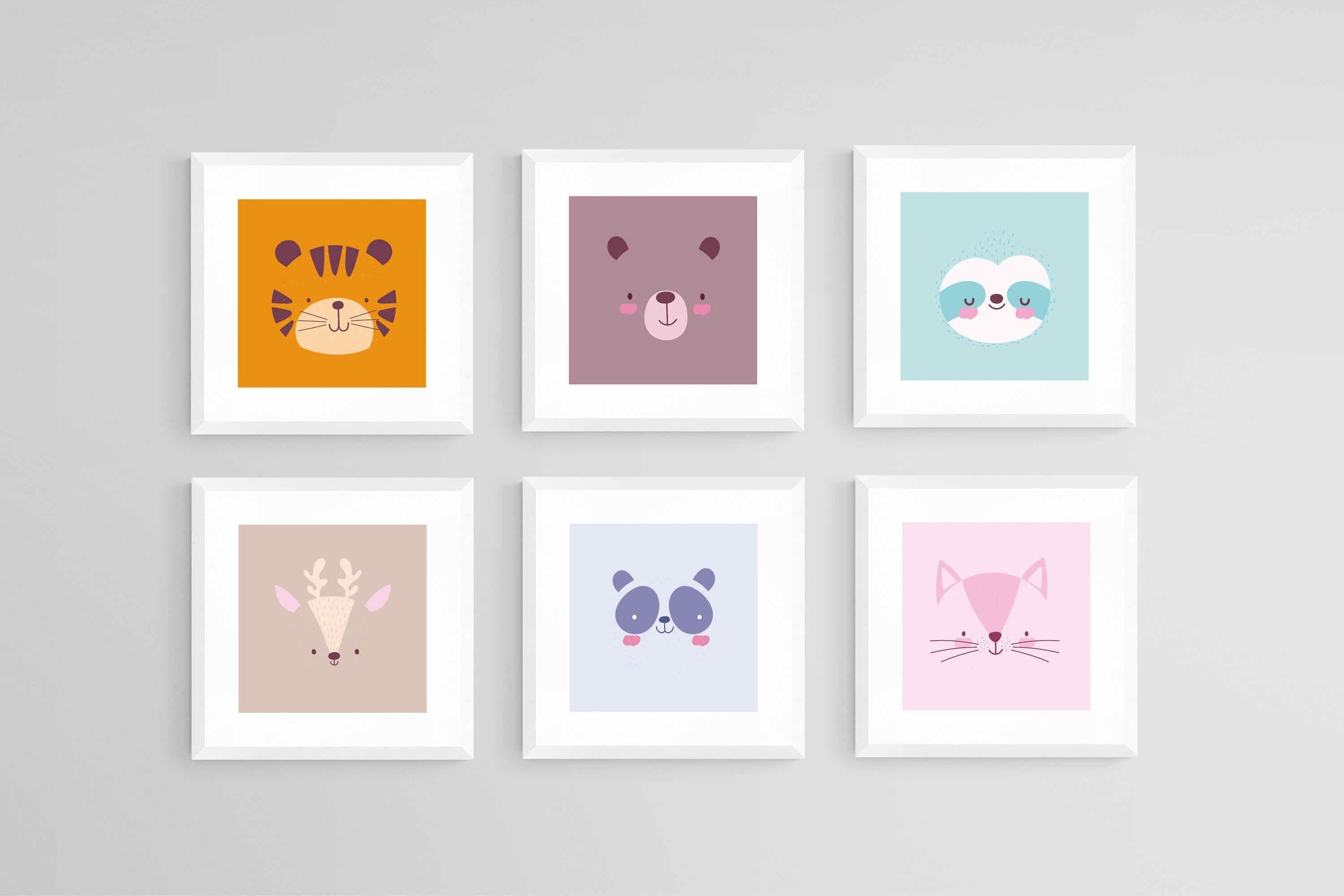 Furry Friends Set-Wall_Art-30 x 30cm (x6)-Framed Print-White-Pixalot