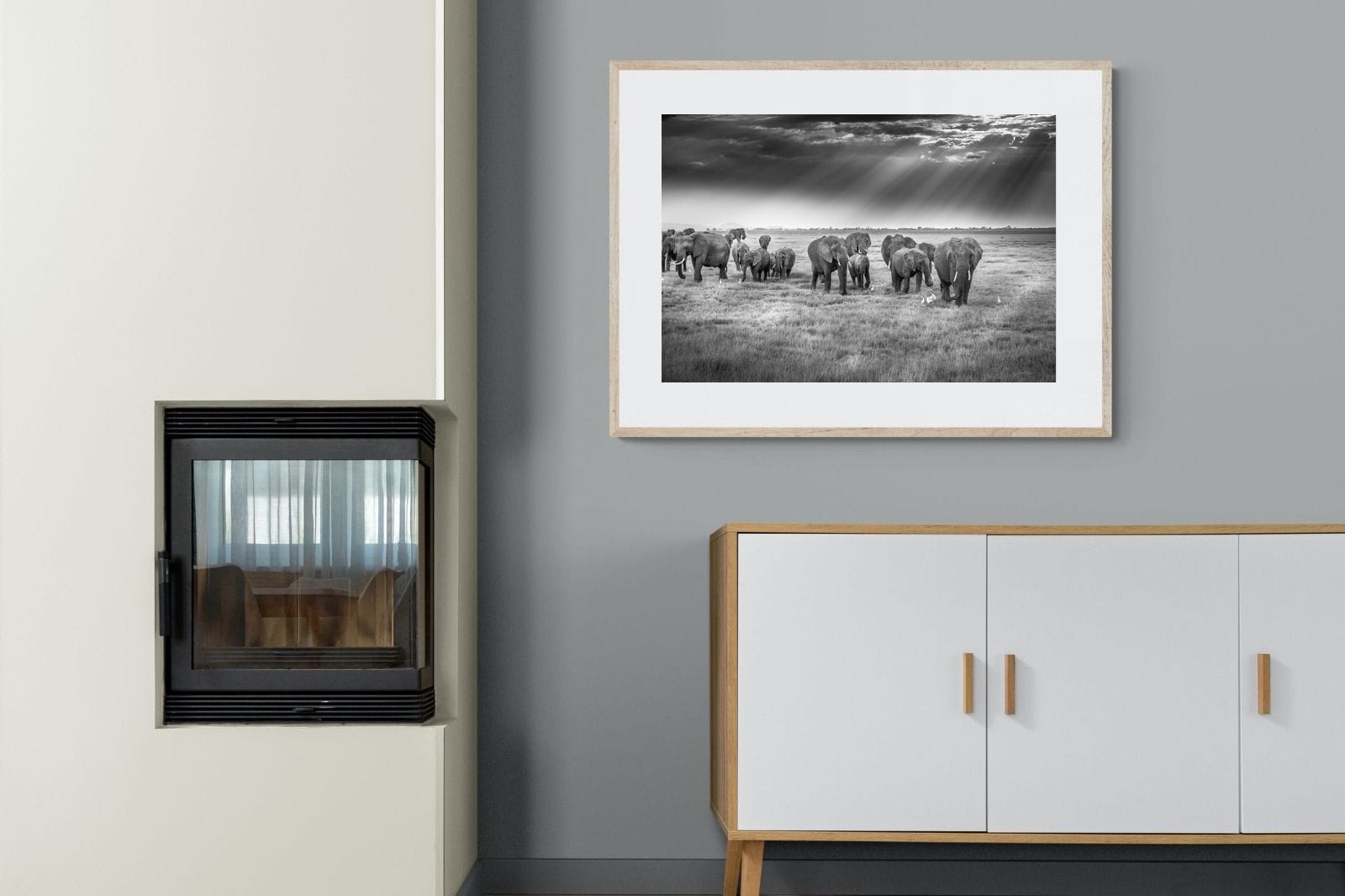 Grazing Elephants-Wall_Art-100 x 75cm-Framed Print-Wood-Pixalot