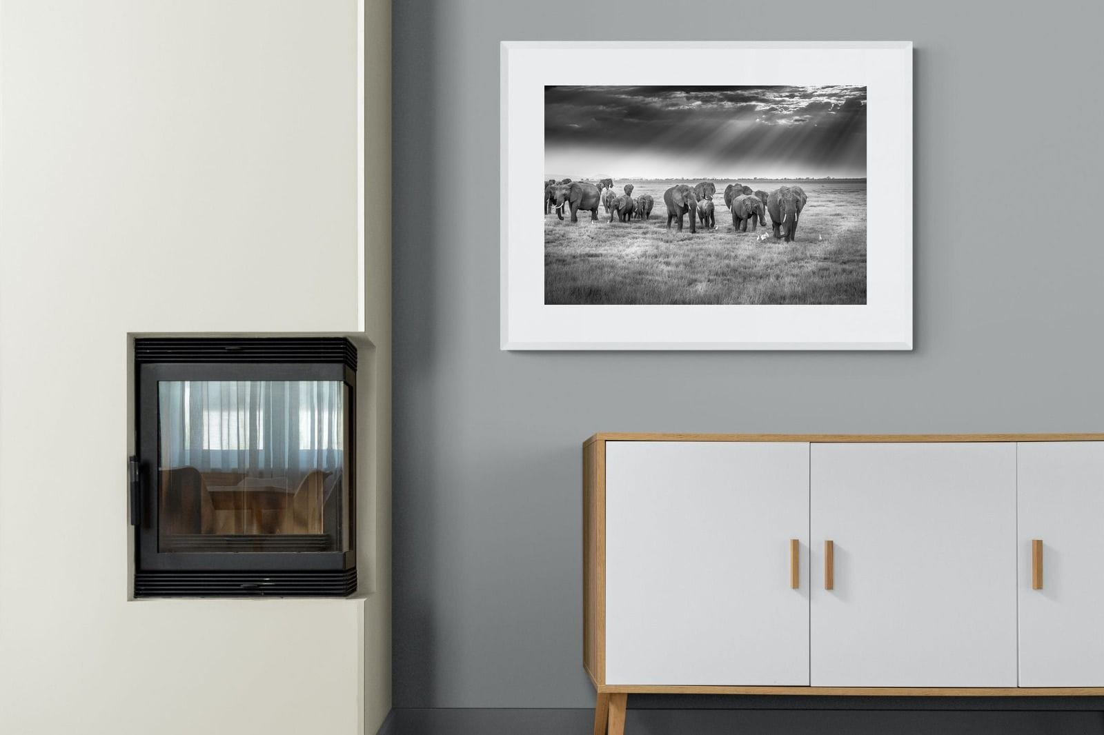 Grazing Elephants-Wall_Art-100 x 75cm-Framed Print-White-Pixalot