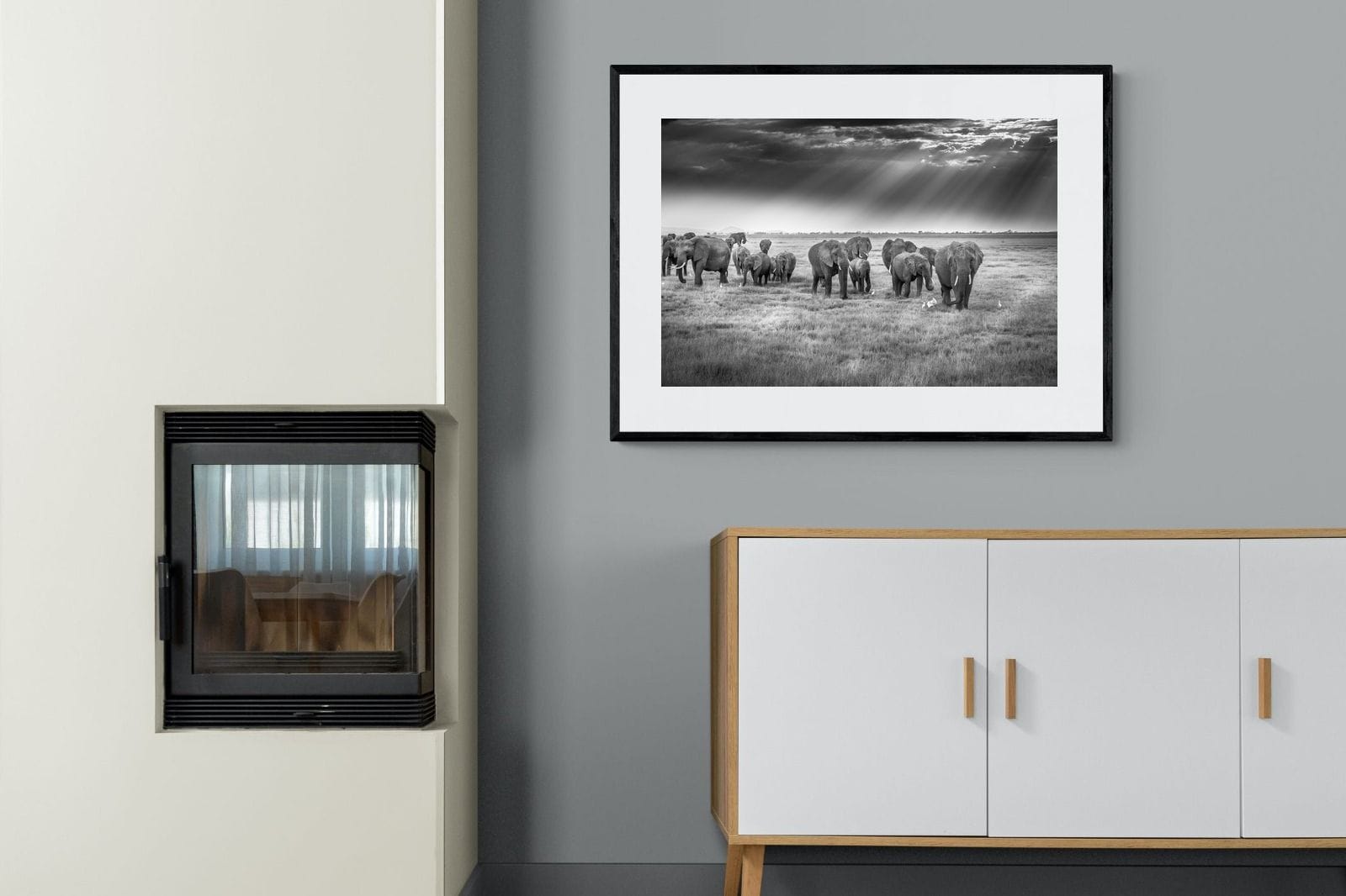 Grazing Elephants-Wall_Art-100 x 75cm-Framed Print-Black-Pixalot