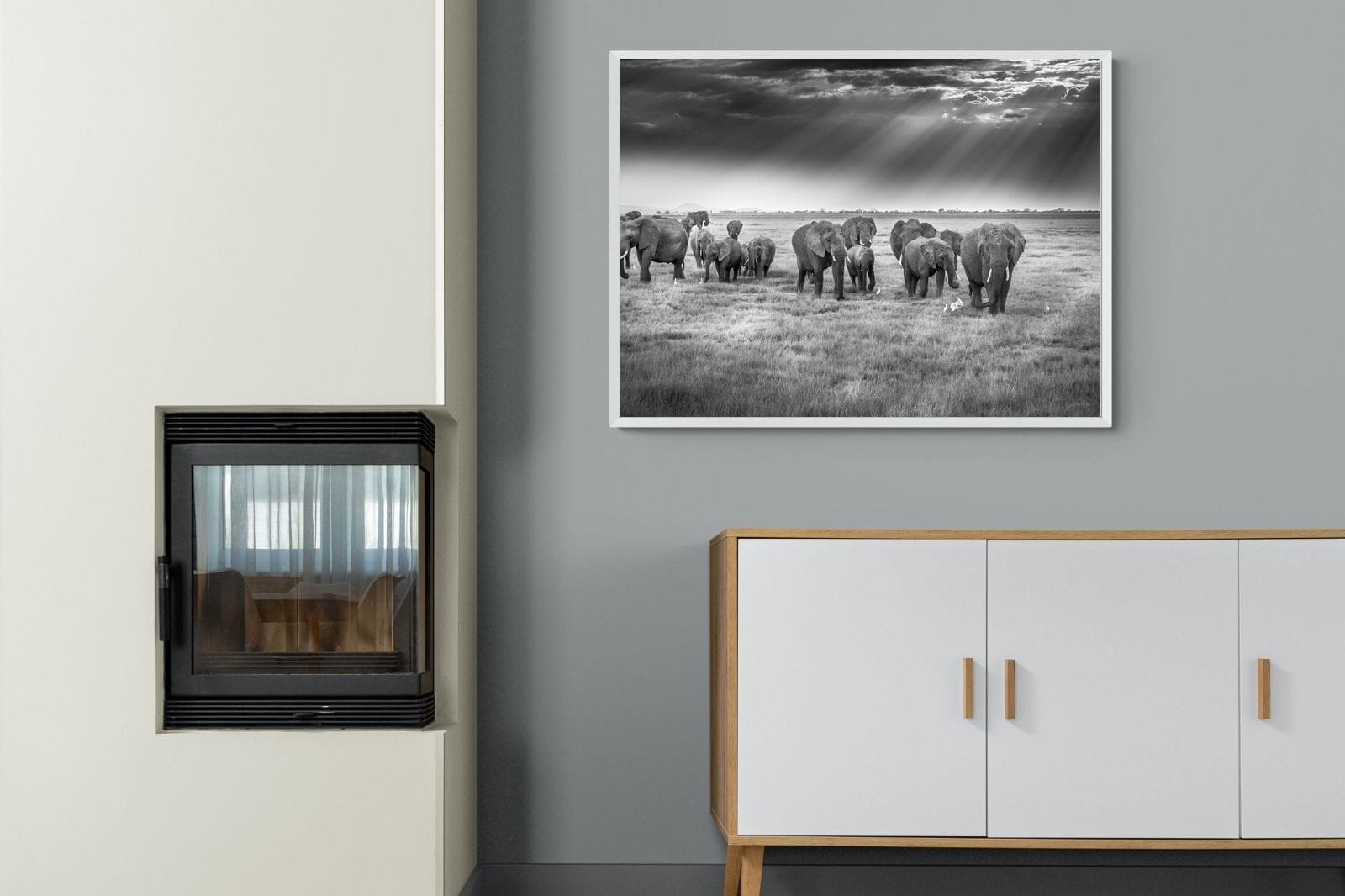 Grazing Elephants-Wall_Art-100 x 75cm-Mounted Canvas-White-Pixalot