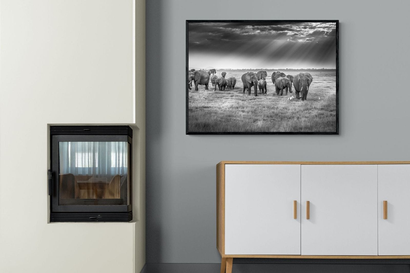 Grazing Elephants-Wall_Art-100 x 75cm-Mounted Canvas-Black-Pixalot