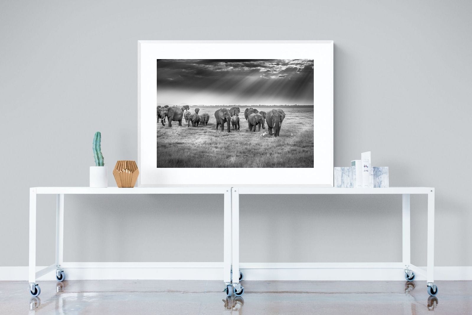 Grazing Elephants-Wall_Art-120 x 90cm-Framed Print-White-Pixalot