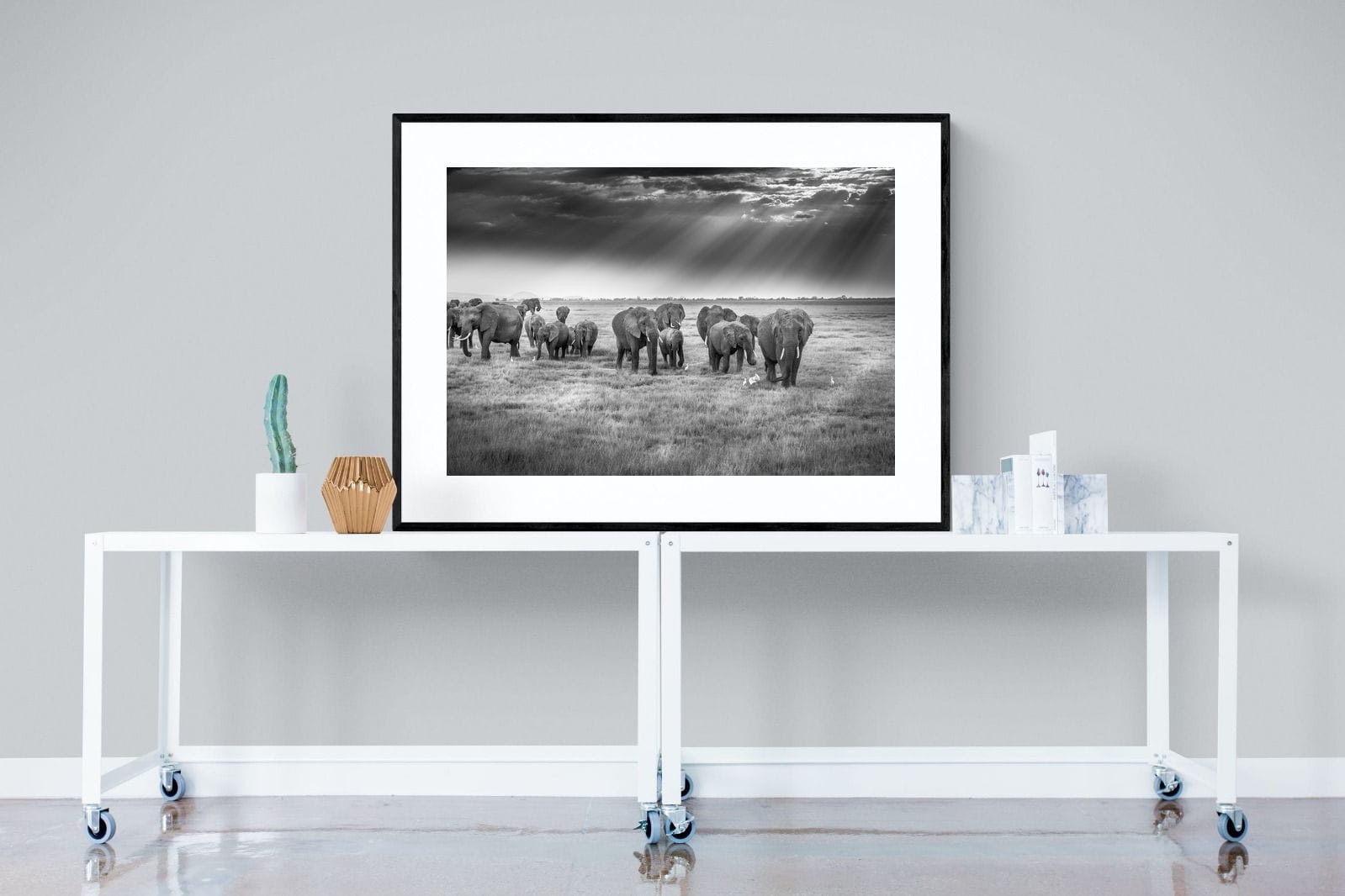 Grazing Elephants-Wall_Art-120 x 90cm-Framed Print-Black-Pixalot