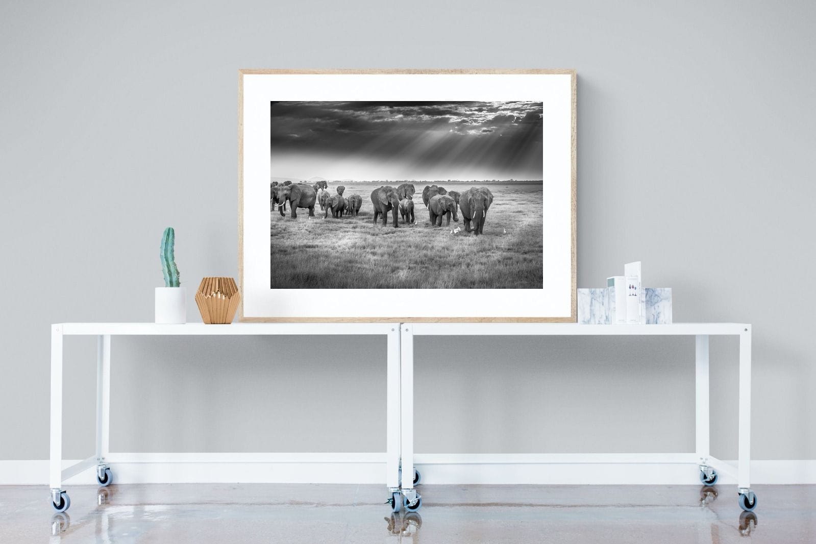 Grazing Elephants-Wall_Art-120 x 90cm-Framed Print-Wood-Pixalot