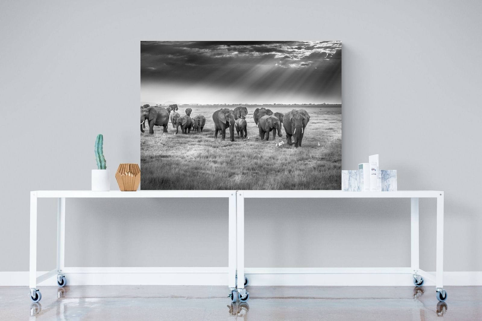 Grazing Elephants-Wall_Art-120 x 90cm-Mounted Canvas-No Frame-Pixalot