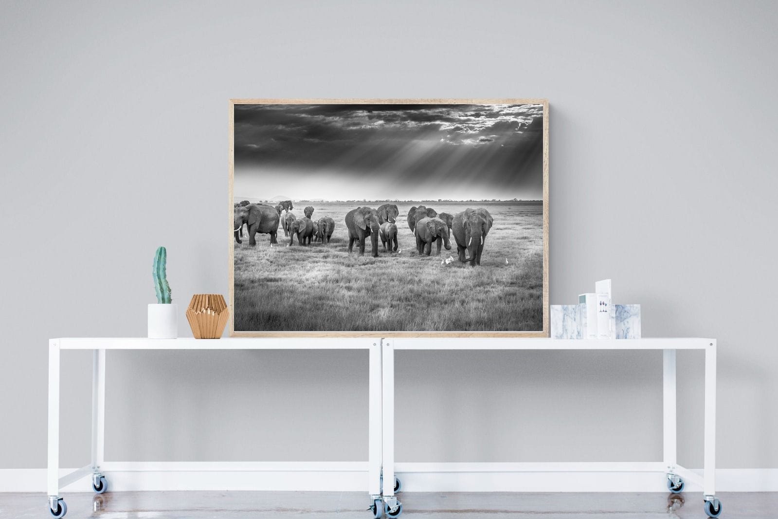 Grazing Elephants-Wall_Art-120 x 90cm-Mounted Canvas-Wood-Pixalot
