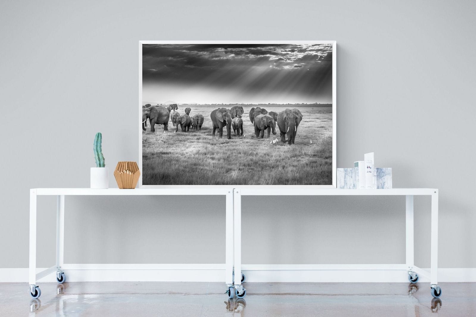 Grazing Elephants-Wall_Art-120 x 90cm-Mounted Canvas-White-Pixalot