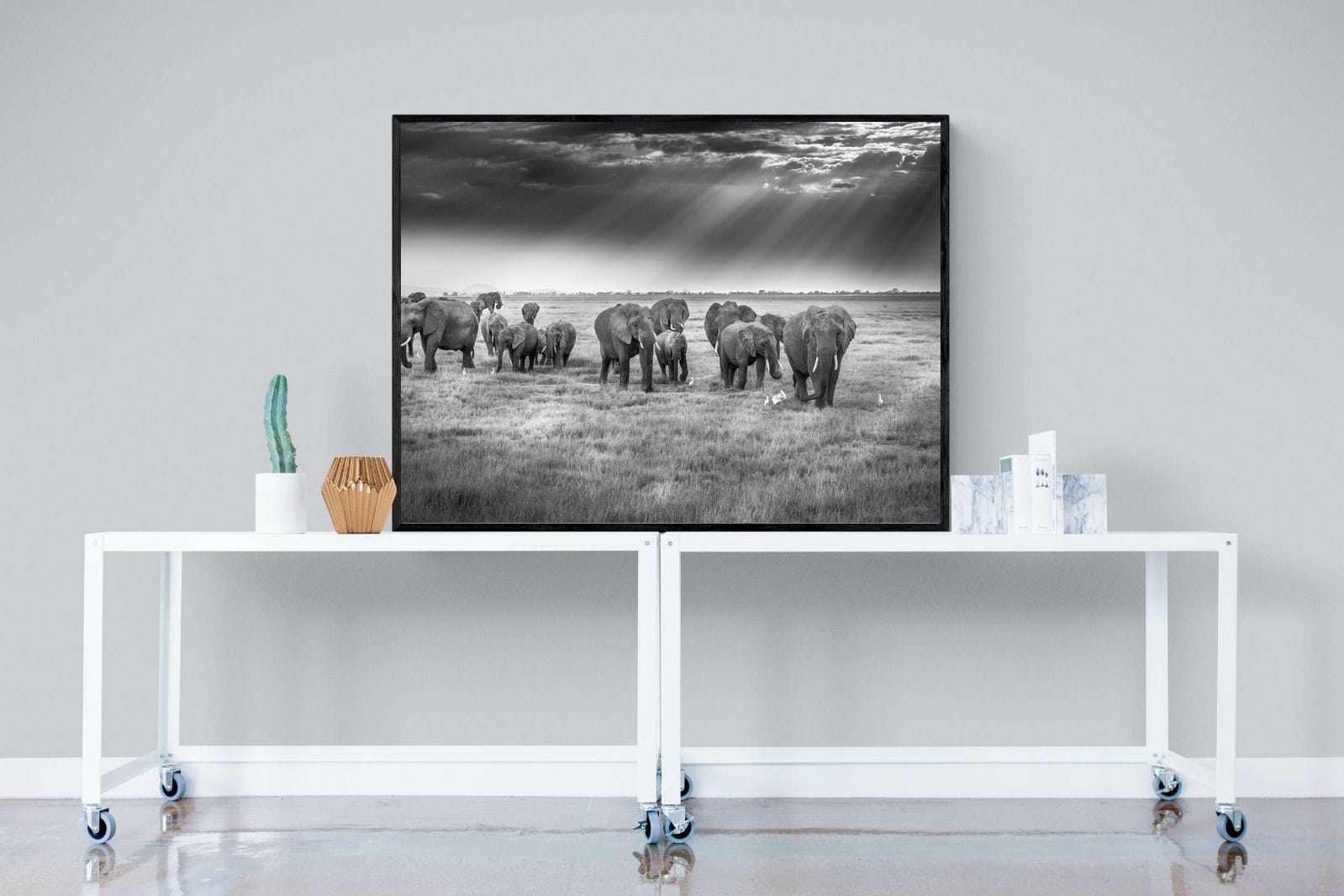 Grazing Elephants-Wall_Art-120 x 90cm-Mounted Canvas-Black-Pixalot