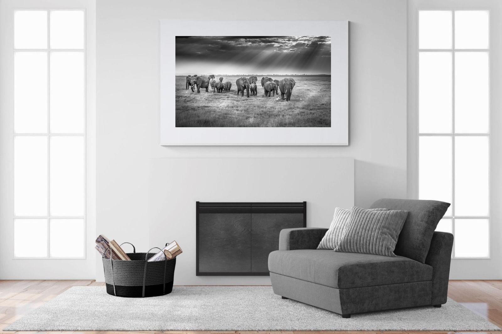 Grazing Elephants-Wall_Art-150 x 100cm-Framed Print-White-Pixalot