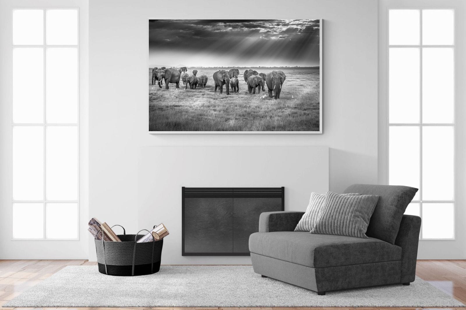 Grazing Elephants-Wall_Art-150 x 100cm-Mounted Canvas-White-Pixalot