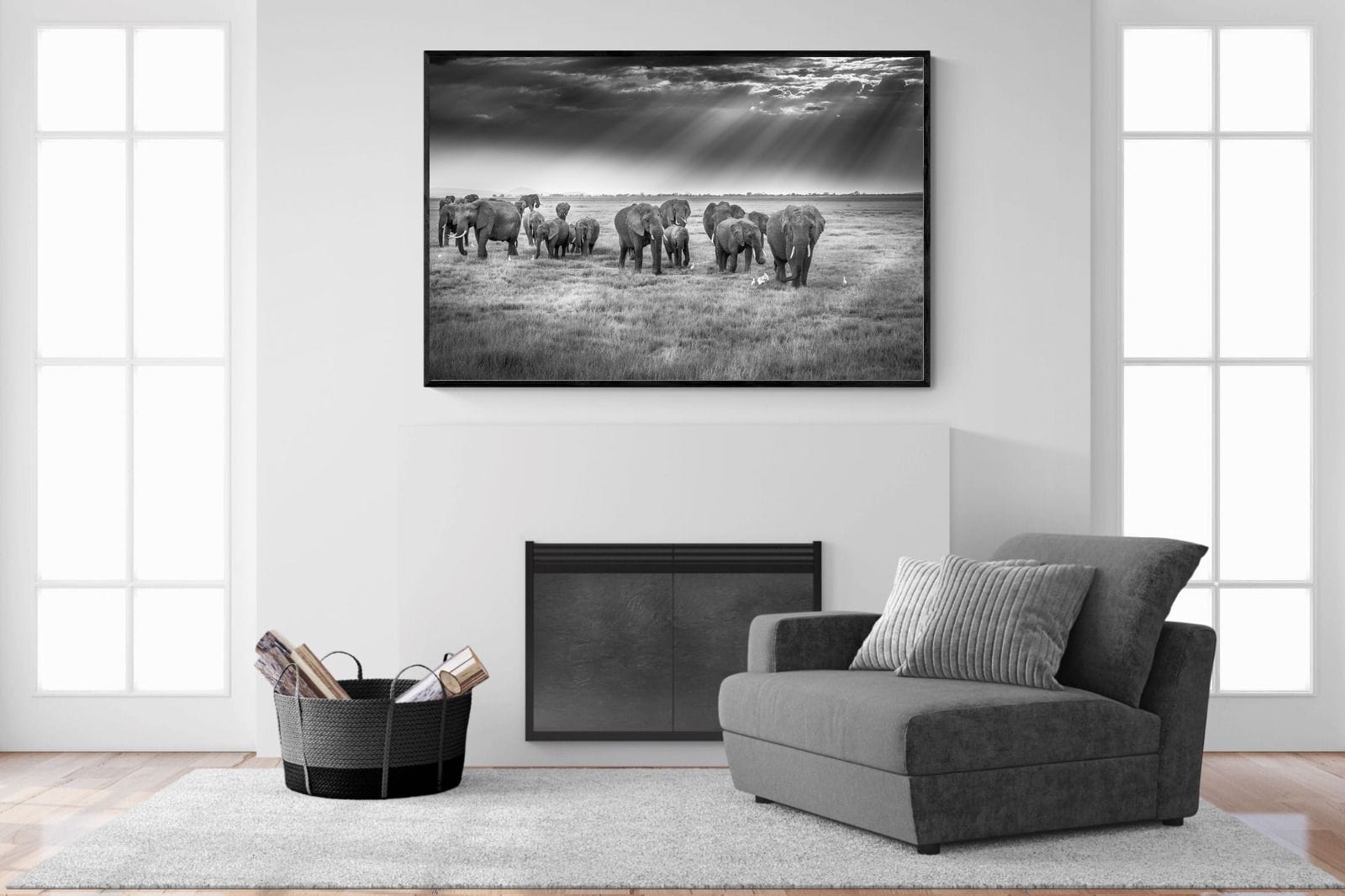 Grazing Elephants-Wall_Art-150 x 100cm-Mounted Canvas-Black-Pixalot