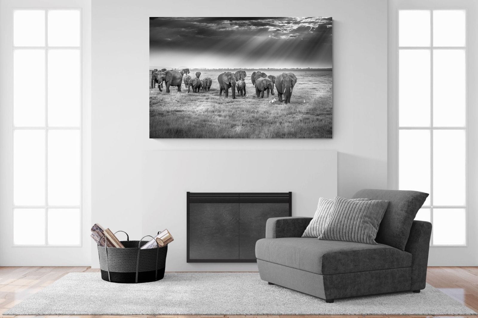 Grazing Elephants-Wall_Art-150 x 100cm-Mounted Canvas-No Frame-Pixalot