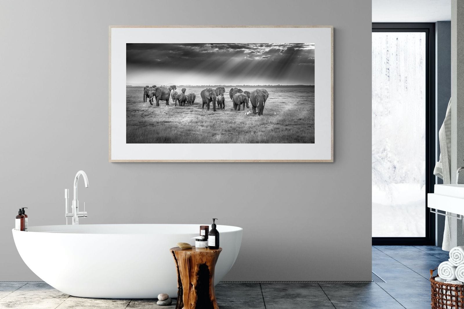Grazing Elephants-Wall_Art-180 x 110cm-Framed Print-Wood-Pixalot