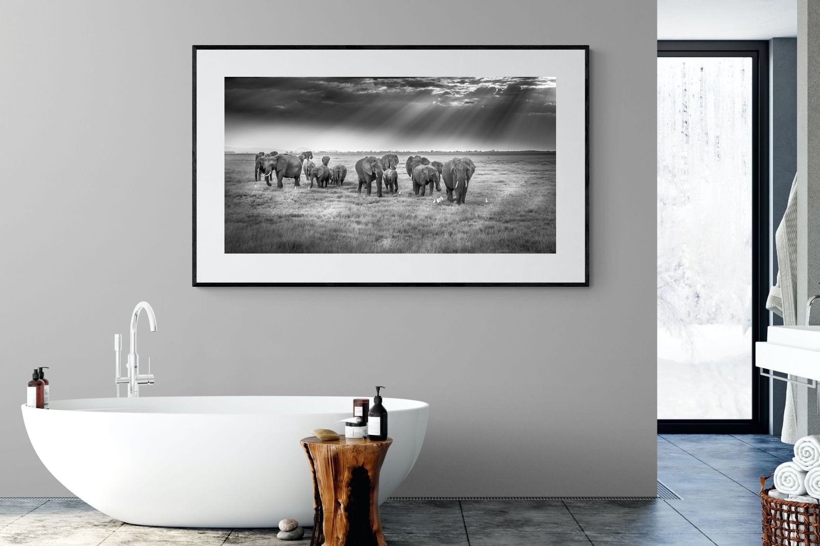 Grazing Elephants-Wall_Art-180 x 110cm-Framed Print-Black-Pixalot