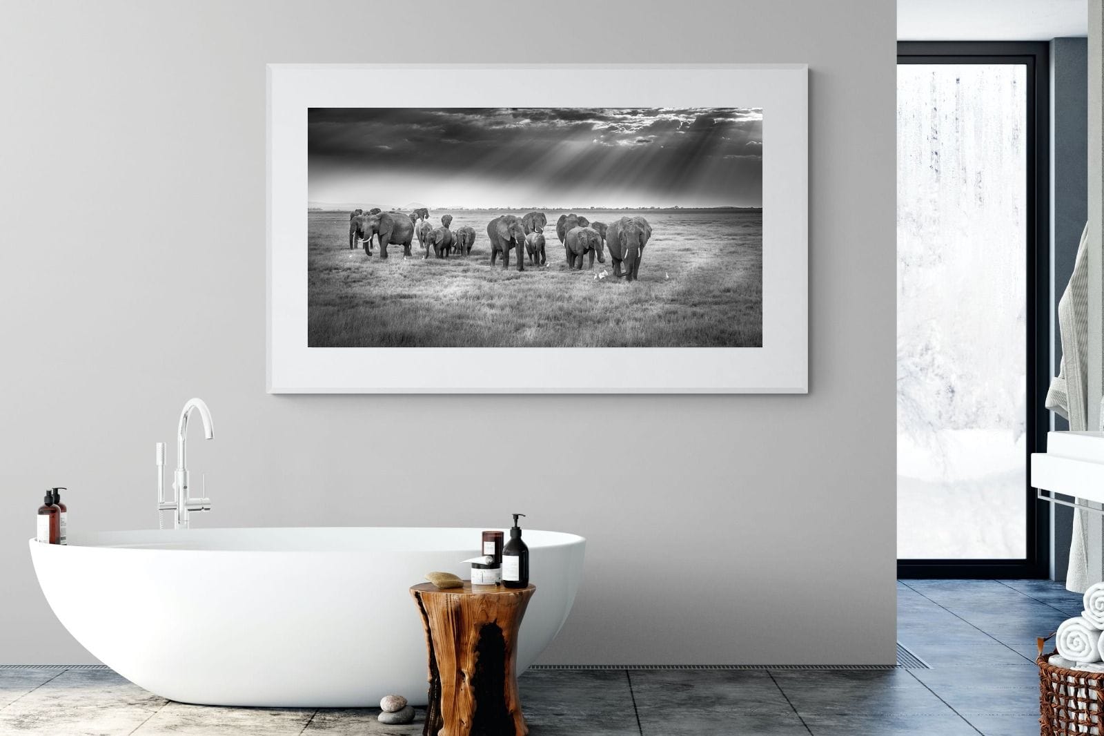 Grazing Elephants-Wall_Art-180 x 110cm-Framed Print-White-Pixalot