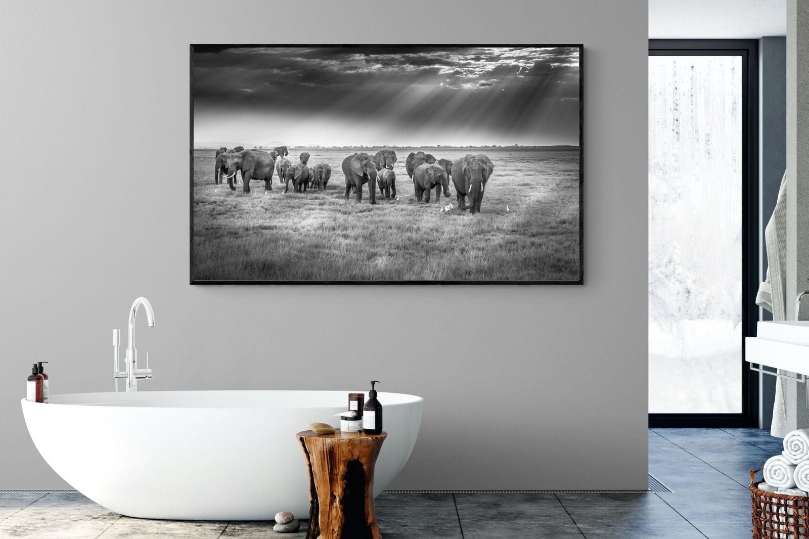 Grazing Elephants-Wall_Art-180 x 110cm-Mounted Canvas-Black-Pixalot