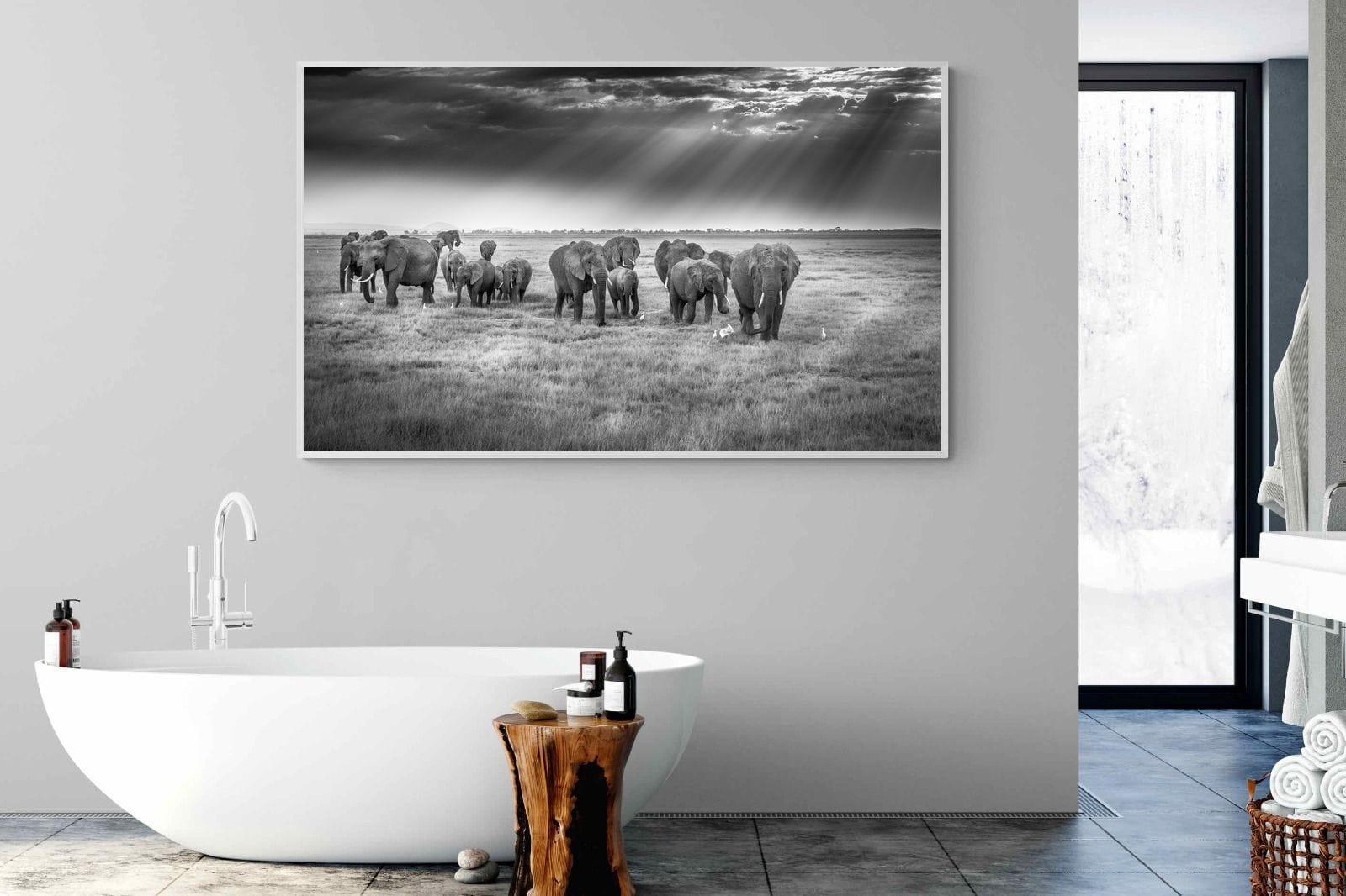 Grazing Elephants-Wall_Art-180 x 110cm-Mounted Canvas-White-Pixalot