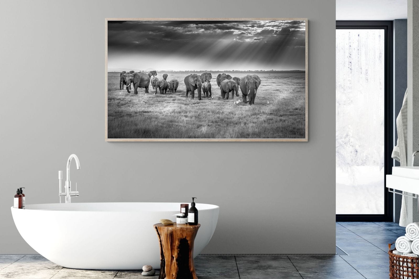 Grazing Elephants-Wall_Art-180 x 110cm-Mounted Canvas-Wood-Pixalot
