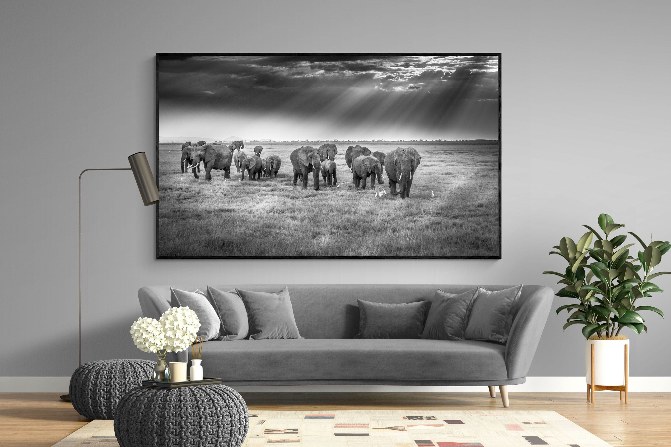 Grazing Elephants-Wall_Art-220 x 130cm-Mounted Canvas-Black-Pixalot