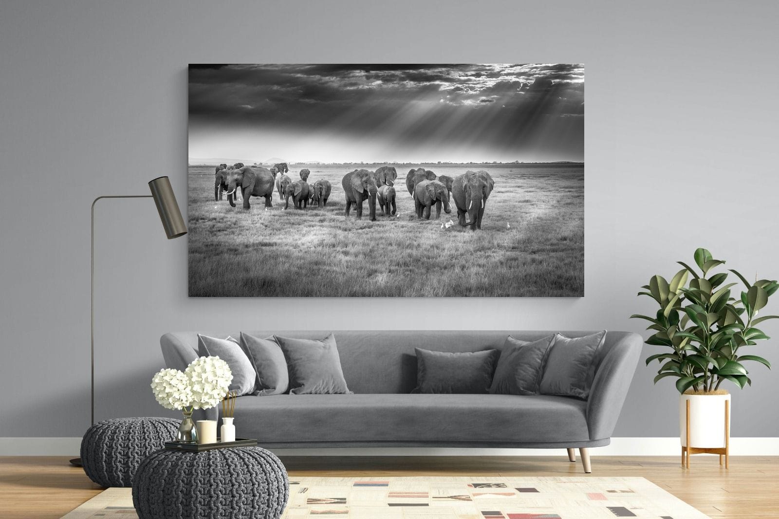 Grazing Elephants-Wall_Art-220 x 130cm-Mounted Canvas-No Frame-Pixalot