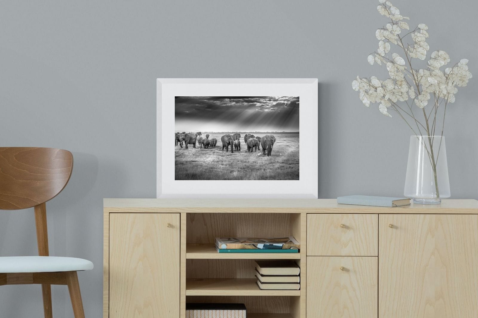 Grazing Elephants-Wall_Art-60 x 45cm-Framed Print-White-Pixalot